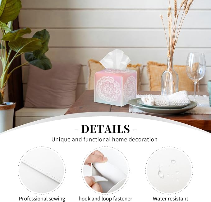 Pink Boho Mandala Flower Tissue Box Cover Square,Abstract Mandala Floral Tissue Box Holder Waterproof Leather Facial Paper Organizer Dispenser for Bathroom Home Car Nightstand Vanity Desk