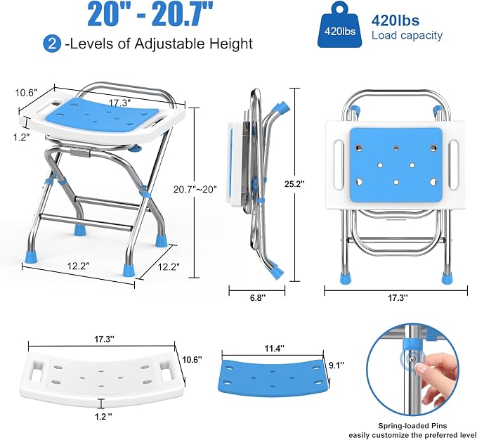 Height Adjustable Folding Shower Chair Seat, Stainless Steel Shower Chair for Inside Shower w/Crossbar, 420LB Portable Travel Shower Stool, Safety Anti-Slip Bath Chair for Seniors,White