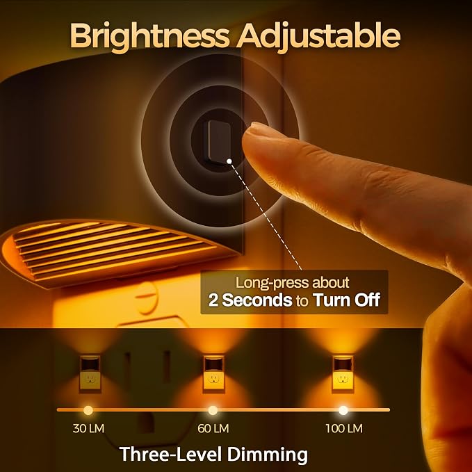 Night Light, Night Lights Plug into Wall, Adjustable, Amber | 3 Level Brightness Adjustable Night Light, Dusk to Dawn Sensor, Nightlights for Adults, Bedroom, Bathroom, Hallway, 4 packs