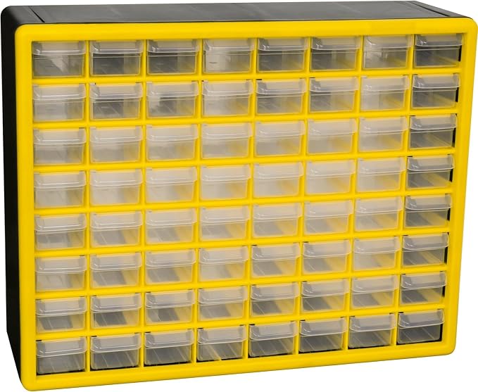 Akro-Mils 64-Drawer Plastic Storage Cabinet, 20"W x 6"D x 16"H, Yellow | Plastic Cabinet w/ Drawers for Garage Organization, Beads, Building Bricks Storage, Teacher Toolbox, Makeup Organizer, 10164