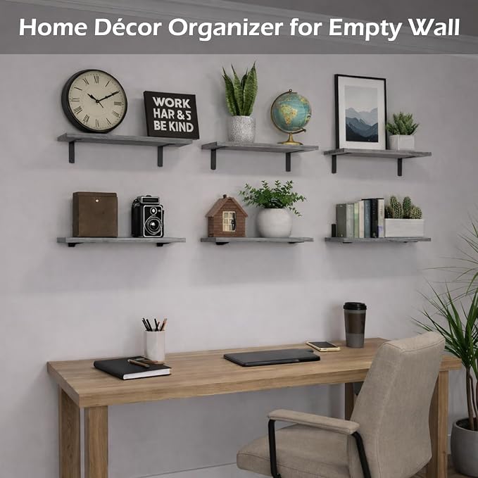 Floating Shelves Set of 6, Wooden Floating Shelves for Wall Decor, Farmhouse Shelf for Bedroom, Wall Mounted Bathroom Storage Shelves, Floating Book Shelves for Living Room