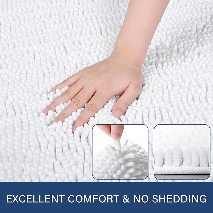 LOCHAS Luxury Bathroom Rug Shaggy Bath Mat 24 x 48 Inch, White | Washable Non Slip Bath Rugs for Bathroom Shower, Soft Plush Chenille Absorbent Carpets