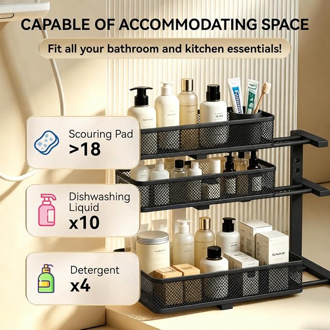 1 Pack 3 Tier Under Sink Organizer, Height Adjustable Heavy Duty Metal Under Cabinet Drawer Pull Out Shelf with Smooth Silent Sliding Design, Organizer and Storag Rack for Kitchen, Bathroom, Black