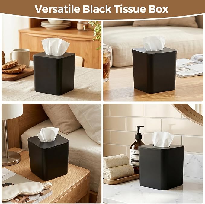 Tissue Box Cover Square, Black Facial Tissue Holder with Black Bamboo Lid | With Natural Bamboo Lid, Waterproof, Durable, Decorative, Fit Standard Cube Tissue Boxes, For Bathroom Bedroom Office Desk