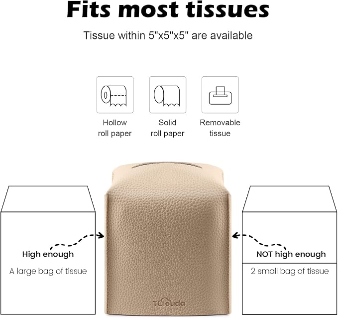 Tissue Box Cover, Tclouda, Modern PU Leather Square Tissue Box Holder for Creative Decorative, Ideal for Bathrooms/Office/Car/Nightstand/Outdoor Tent/Dining Table, 5"X5"X5", Single Beige