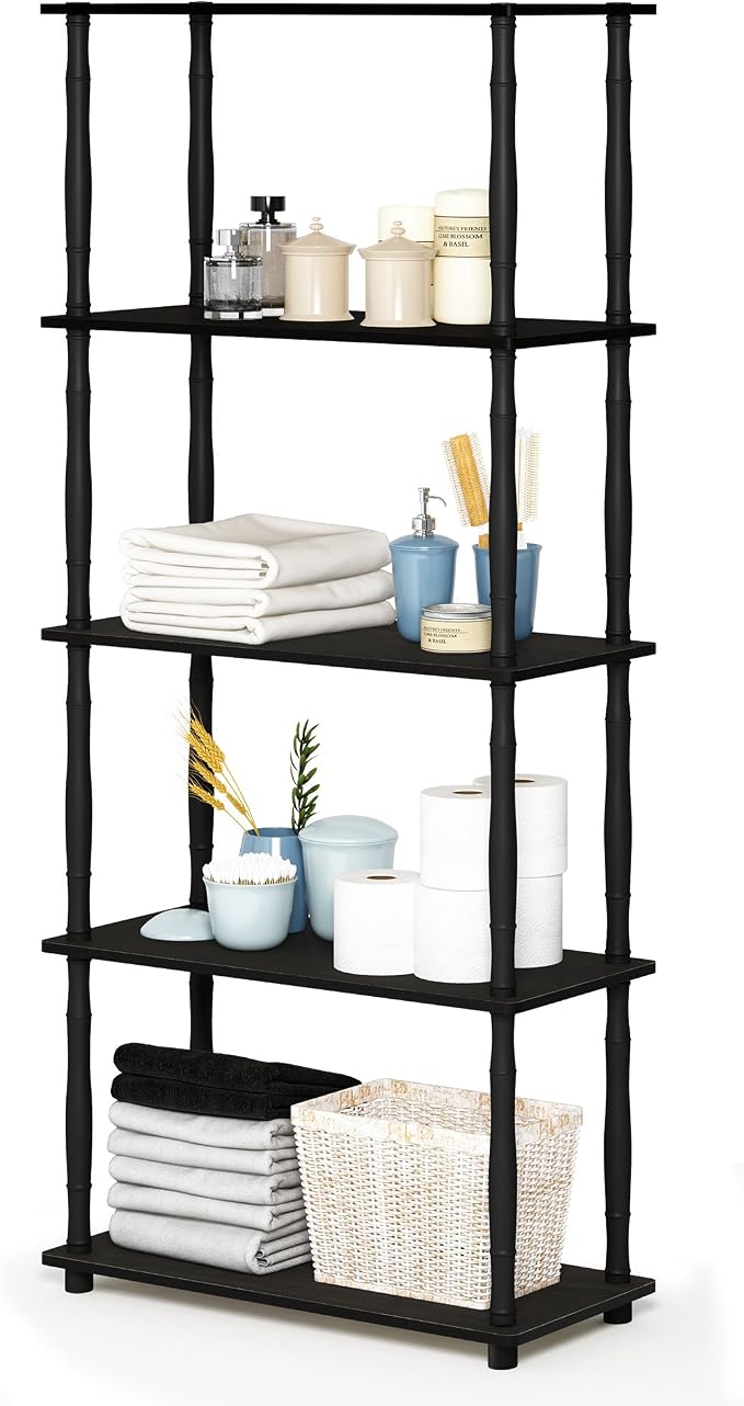 Furinno Turn-N-Tube 5-Tier Multipurpose Shelf / Display Rack / Storage Shelf / Bookshelf, Classic Tubes, Espresso/Black | Open Shelves Corner Bookshelf, Display Storage Shelves, Classic Tubes, for Organization, Living Room, Home Office