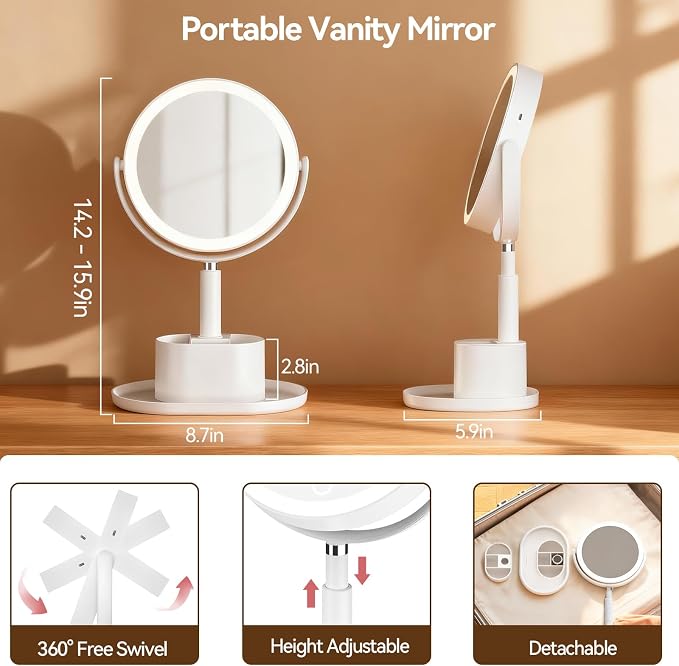 20X Magnifying Mirror with Lights and Storage, Double Sided Vanity Mirror | Rechargeable Makeup Mirror, 3 Color Lighting, Fast Charge and Long-lasting Work, Height Adjustable, Memory Function, White