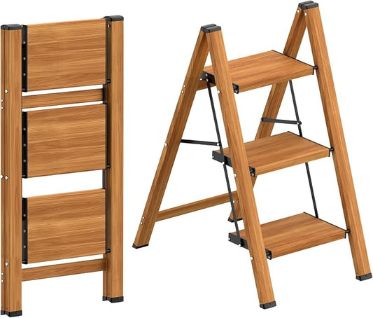 HBTower 3 Step Ladder, Lightweight Aluminum Folding Step Stool | Anti-Slip Wide Pedal, 330lbs Capacity Step Ladder for Household Kitchen Office, Woodgrain