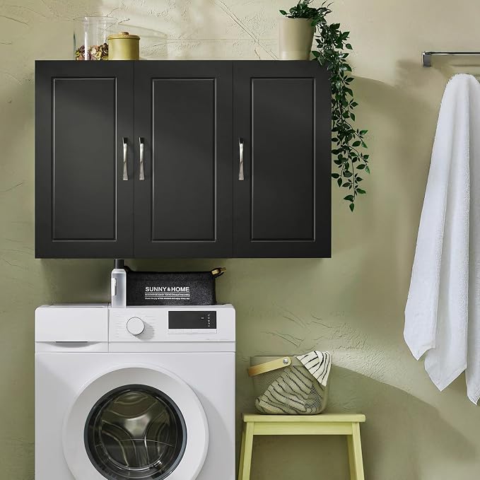 3-Door Wall Mount Bathroom & Laundry Cabinet, Wall Size, Black | 3-Door Wall Storage Cabinet With Adjustable Shelves, Over Toilet/Washer MDF Medicine Cabinet, HUS-FRG231-L