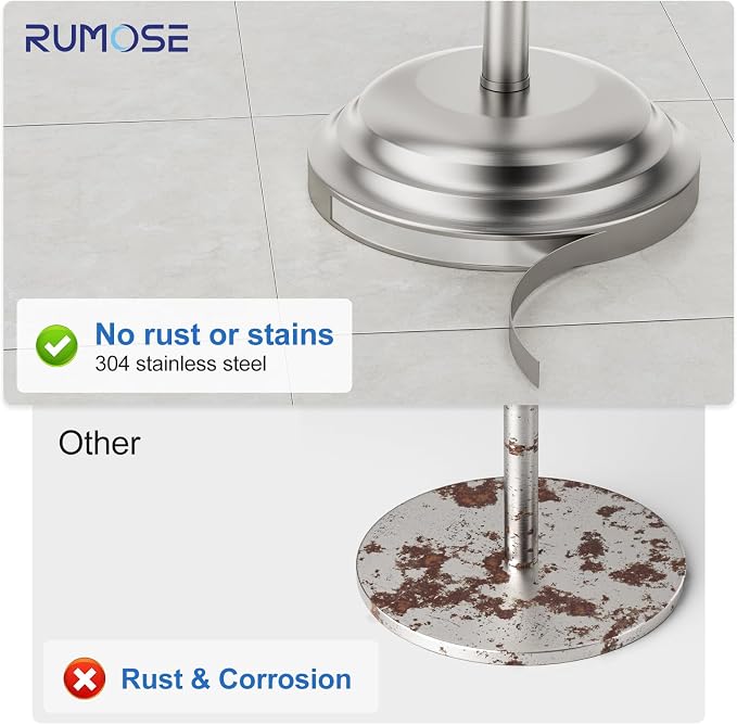 RUMOSE Toilet Paper Holder Stand for Floor Free Standing, Nickel | Bathroom Freestanding Toilet Tissue Roll Holder with Storage, Adjustable 17-25 Inch, Rustproof, SUS304 Stainless Steel