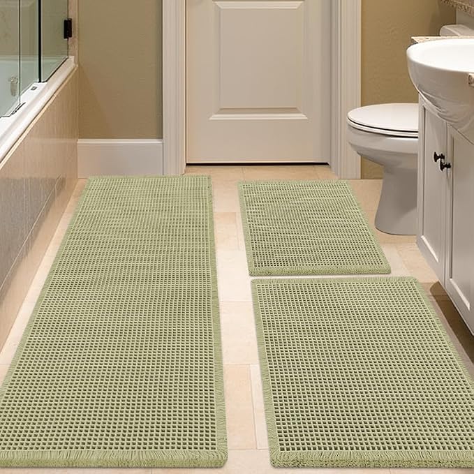 Waffle Bath Mat Set 3 Piece Green,Woven Modern Bath Rug Mats, Absorbent Non Slip Bath Floor Mat, Soft Washable Boho Bath Rugs with Tassels for Bathroom, Bedroom, Kitchen, Tub