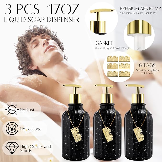 17PCS Bathroom Accessories Bathroom Set Black Bathroom Accessories,Toilet Brush, Trash Can, Qtip Holder Dispenser& 3PCS Soap Dispenser