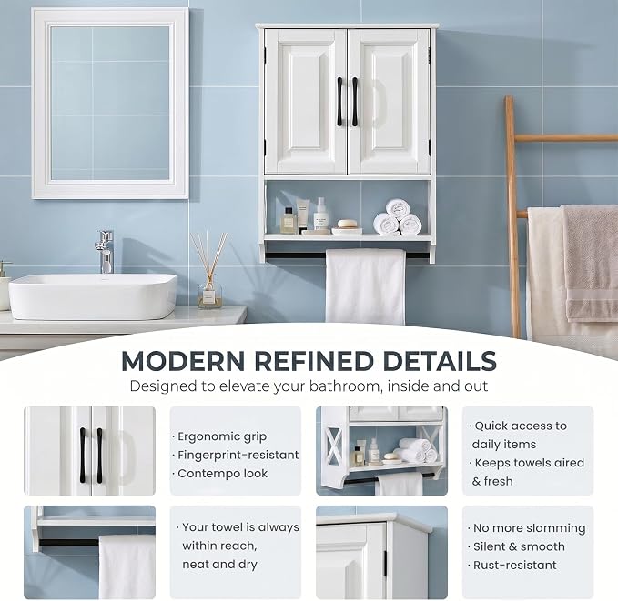 Bathroom Wall Cabinet, 25"x19" Farmhouse Wall Mounted Medicine Cabinet with 2 Raised Panel Doors, Adjustable Shelf & Towel Bar–Over Toilet Storage Organizer for Laundry Room, Entryway or Small Spaces