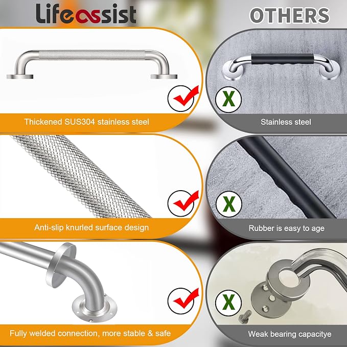 18 Inch Knurled Shower Grab Bar, Brushed Nickel, 2 Pack | 304 Stainless Steel, ADA 500lbs Support, Non-Slip Knurled Grip, Concealed Screws, Rustproof Handrail
