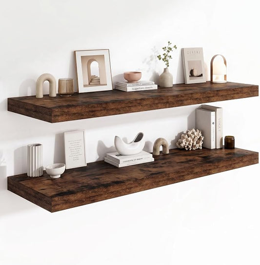 12 Deep Floating Shelves for wall,55 Inch Extra Long Large Wall Shelves Set of 2,2 Inch Thick Heavy Duty Floating Wall Mounted Shelves,Floating Shelf for Fireplace Mantel,Rustic Brown