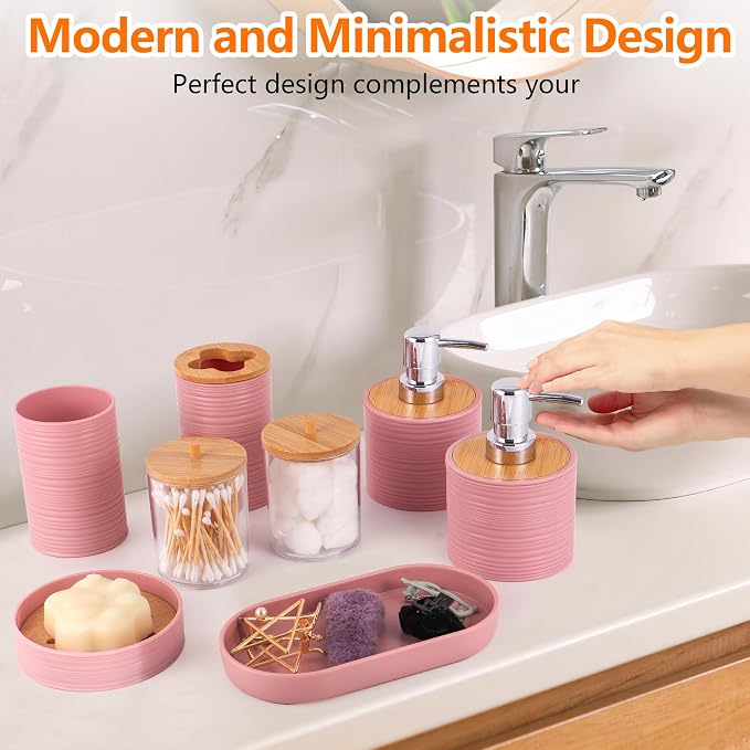 10 PCS Pink Bathroom Accessories Set with Trash Can Bathroom Accessory | All-in-One Kit with Trash Can,Toothbrush Holder,Soap Dispenser,Toothbrush Cup,Vanity Tray,Soap Dish,Toilet Brush etc for Home