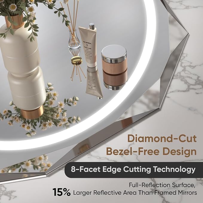 28" Round LED Bathroom Vanity Mirror, Backlit Anti-Fog Frameless | Beveled Edge, Dimmable 3 Colors, Memory Function, HD Shatterproof Tempered Glass, Lighted Mirror for Wall