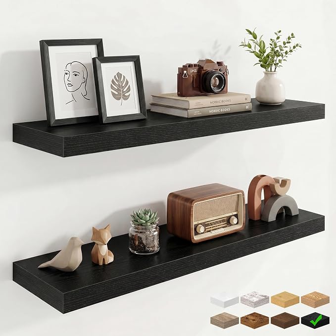 Marsmiles 9.25in Depth 36in Floating Shelves, 36x9.25x1.4, Black, Set of 2 | Wall Mounted Engineered Wood Shelves, Invisible Brackets for Living Room, Bedroom, Bathroom, Kitchen Decor and Storage
