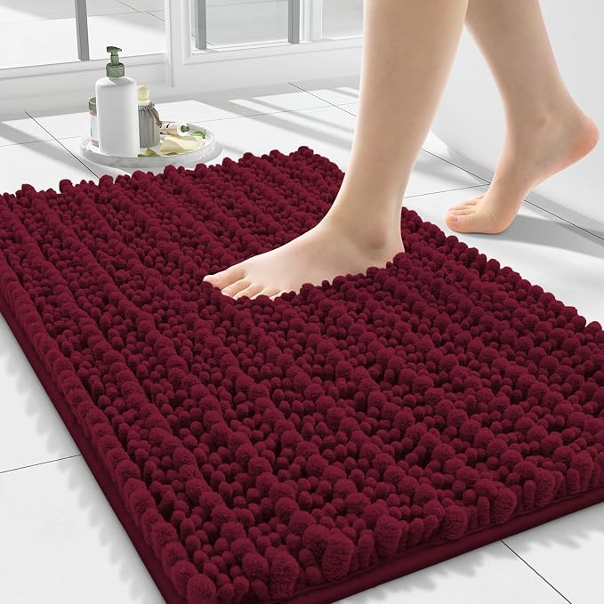 Smiry Bathroom Rugs 24X16, Extra Soft Rubber Backing Chenille Bath Mats | Burgundy Machine Washable Non Slip Quick Dry Bath Mats for Bathroom Floor, Tub, Shower, Home Decor Accessories