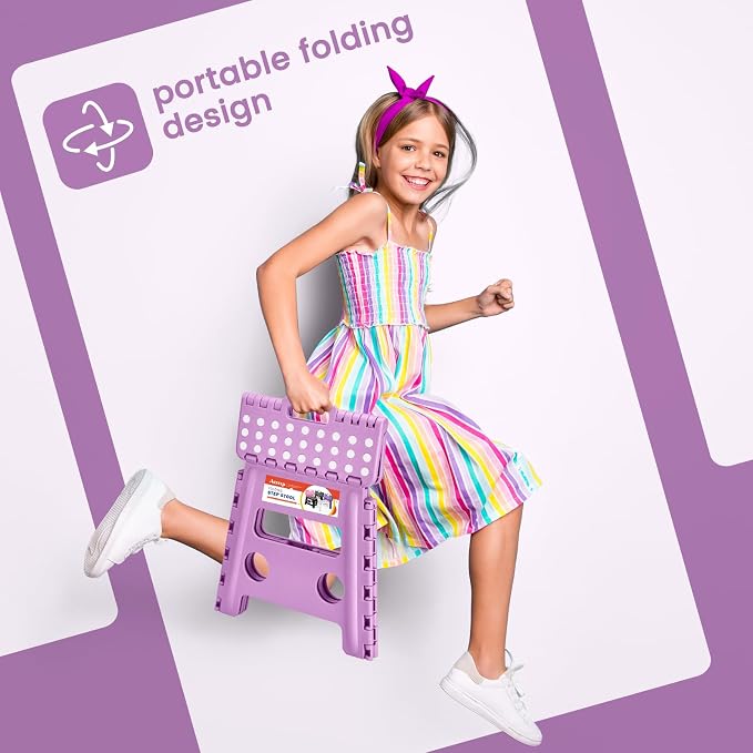 Foldable Step Stool for Adults 13 Inch, 300 lbs, Light Purple | Lightweight Stepping Stool with Handle and Non-Slip Surface, for Reaching Kitchen Cabinets, Bathroom Shelves and Closets