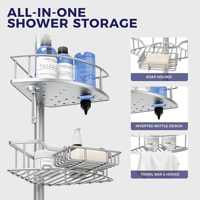 Corner Shower Caddy Tension Pole, 4-Tier Fan-Shaped Adjustable Rustproof Bathroom Organizer Shelves, 47"-125'', No-Drill Quick Installation for Inside Shower, Bathtub, Sliver (SILVER)