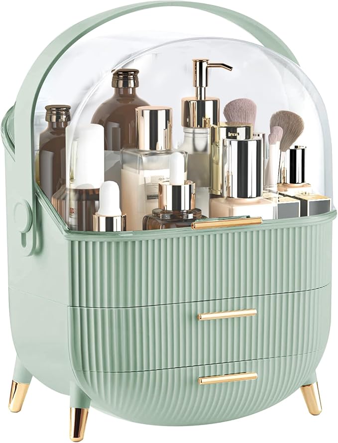 Makeup Organizer for Vanity, Large Capacity Skincare Organizer Countertop | Cosmetics Organizer with 2 Drawes, Cosmetic Display Cases Makeup Storage Box for Bedroom, Bathroom, Gifts for Women(Green)