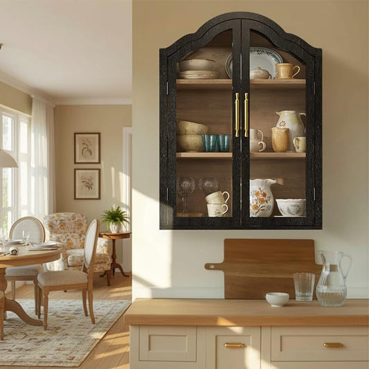 Arched Wall Cabinet Above Toilet Cabinet, 31.5×23.6 Inch Wall Mounted Cabinets with Tempered Glass Doors & Adjustable Shelves, Wood Organizer for Laundry Room, Kitchen, Bathroom (Black)