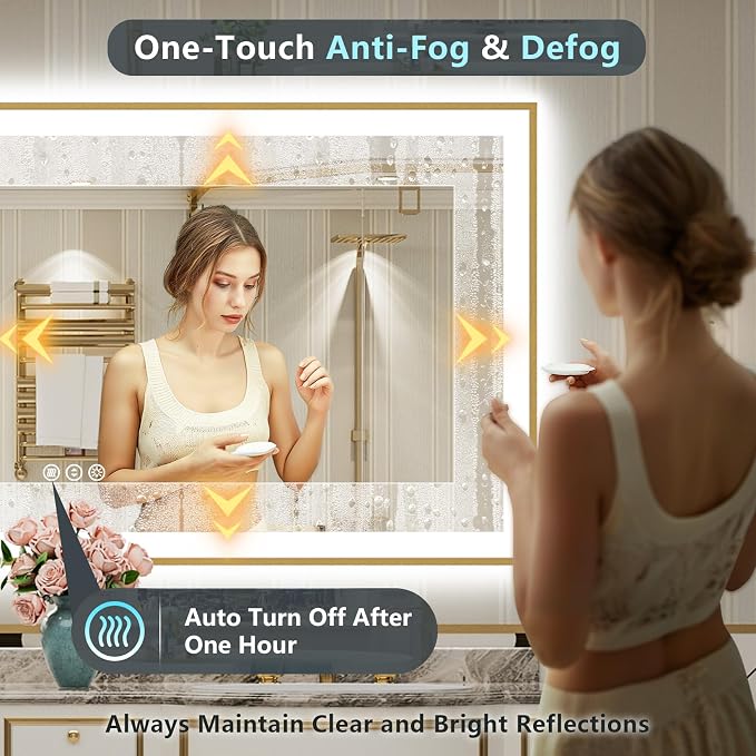 96x36 Gold LED Bathroom Mirror, Backlit & Front Lit Lighted Mirror | Brushed Gold Framed, Anti-Fog Vanity Mirror with Lights, 3 Color Dimmable, Memory, HD Tempered Glass, CRI95, Wall Mounted