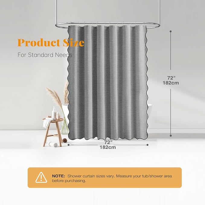 Grey Boho Scalloped Linen Textured Cloth Shower Curtain, 72x72, Gray | 230GSM Waterproof Polyester, Heavy Duty Fabric, 12 Plastic Hooks, Modern Farmhouse Style, Machine Washable, Bathroom Decor
