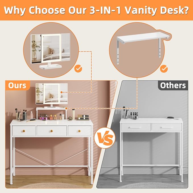 Small Makeup Vanity Desk 40''W with Mirror and Lights, 3 Drawers | USB Lighted Mirror, Height-Adjustable Stand, Fabric Drawers, Girls/Kids Gifts, Bedroom, Small Space, Dorm, White