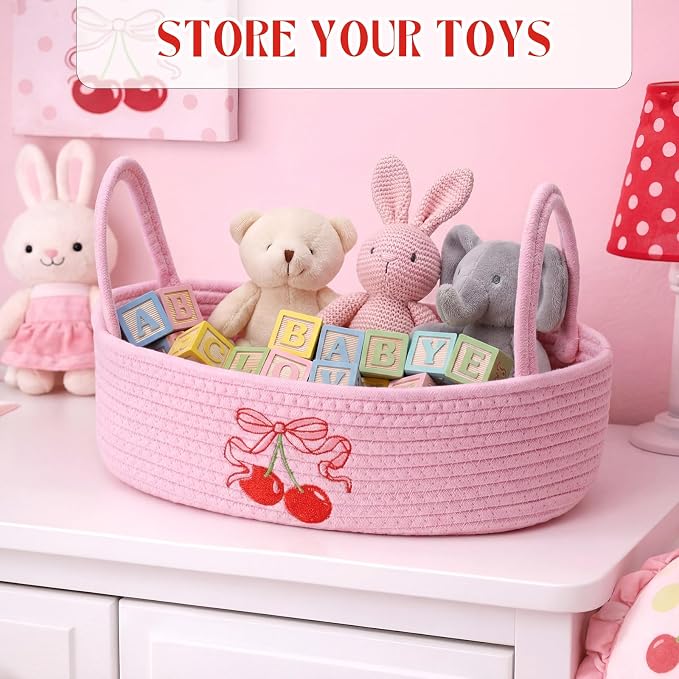 Vesici Cherry Basket Pink Cotton Rope Bathroom Organizer with Handles | Cherry Bow Embroidery, Toilet Paper Holder for Countertop Sink, Storage for Bathroom Essentials, Nursery Bedroom