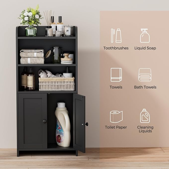 Homhedy Small Bathroom Storage Cabinet, Toilet Paper Storage Cabinet | Bathroom Floor Cabinet with Doors and Shelves, Bathroom Organizers for Small Spaces, 7.9" D x 14.6" W x 31" H, Black