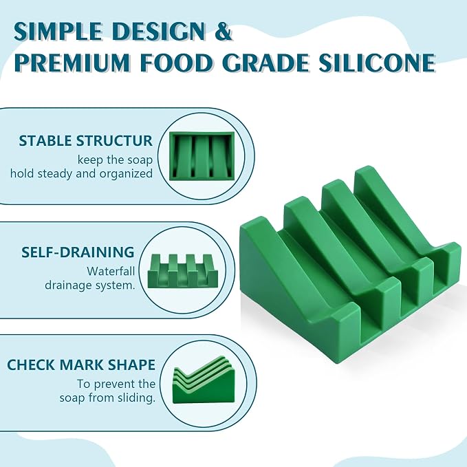 Self Draining Soap Dish Holder,Silicone Soap Dish,for Bathroom,Kitchen, Sponges，Can Extend Soap Life，Keep Soap Bars Dry and Easy Cleaning (Deep Green,1-Pack)