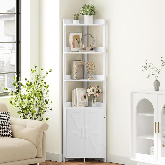 HOOBRO Corner Shelf with Storage, Tall Corner Cabinet, 5-Tier Bookshelf Stand, Storage Cabinet with Protective Fence, for Living Room, White WW78CJ01