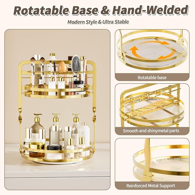 360 Rotating Makeup Organizer,Perfume Organizer, Bathroom Counter Organizer | 2-Tier Large Capacity Gold Vanity Organizer for Dresser,Perfume Shelf with Makeup Brush Holder Stores Skincare and Cosmetics