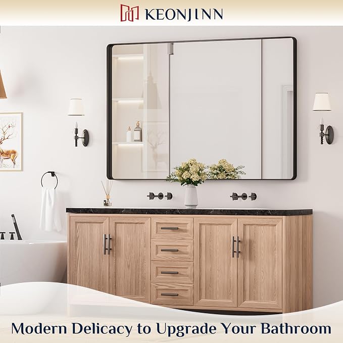 Keonjinn 60 x 40 Inch Black Bathroom Mirrors for Over Sink, Tempered Glass | Sandblasted Finish, Matte Black Vanity Mirror, Anti-Rust, Seamless Aluminum Frame, Rounded Rectangle, French Cleat Mount