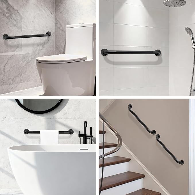 ZUEXT 2 Pack 24 Inch Black Anti Slip Shower Grab Bar with Knurled Grip | Bathroom Balance Support Rail, Assist Handle for Handicap Seniors, Wall Mount Stainless Steel Bath Safety Handrail, 1.25" Dia