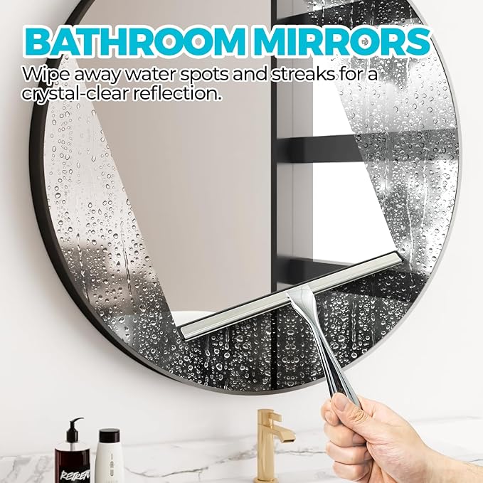 2pcs Shower Squeegee for Glass Doors with Adhesive Hanging Hook Set | 10” silver, bathroom accessories, window cleaner, new home essentials, soft rubber blade, metal handle, ergonomic grip
