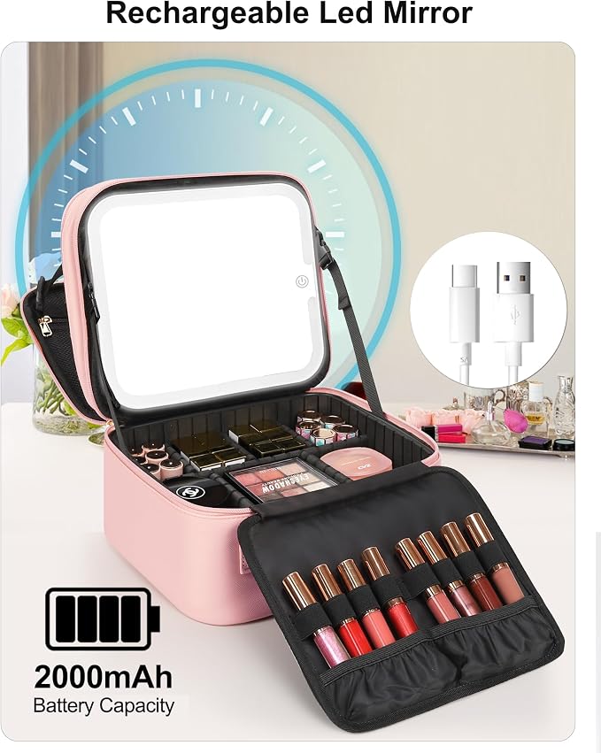 Relavel Makeup Bag with LED Mirror, Small Travel Makeup Case, Pink | Double Layer Cosmetic Box with Handle, Waterproof Make Up Storage, Rechargeable Led Mirror, Removable Dividers