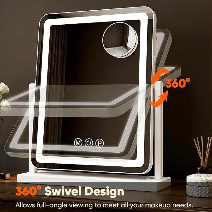 Antok Vanity Mirror with Lights, 33"X23" Lighted Makeup Mirror, Smart Touch, 3 Color Modes and Brightness Adjustable, LED Vanity Mirror with Detachable 10X Magnification, 360° Rotation for Makeup Desk