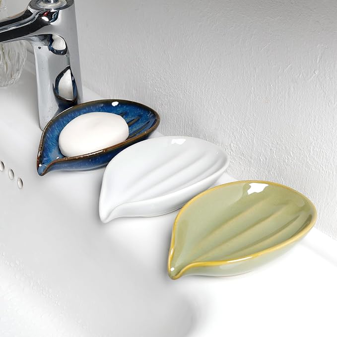 Soap Holder, Self-Draining White Soap Dish, Leaf Shape Ceramic Bar Soap Holder Drain Soap Dishes for Bathroom Sink Kitchen, Easy to Clean Keeps Soap Dry, ANTIS'S HOME