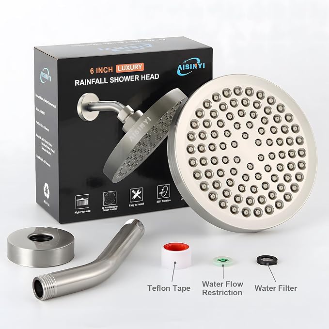 6" Rain Shower Head & 6" Shower Arm, Luxury Brushed Nickel Finish | High Pressure 6 Inch Fixed Showerhead, Adjustable Replacement, 90 Nozzles, Removable Restrictor, Tool-Free Easy to Install