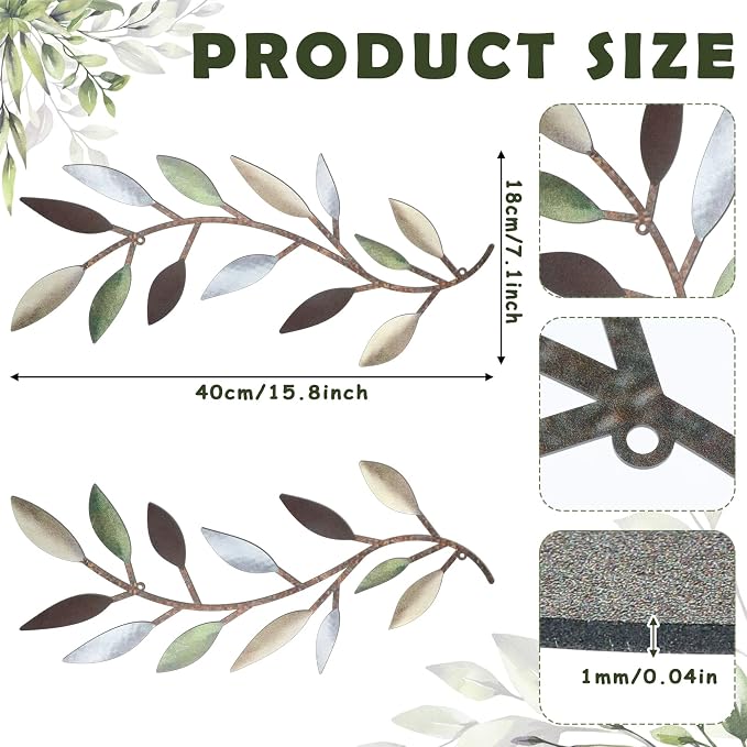 Zhengmy 2 Pcs Metal Leaf Wall Art Vine Branch Decor,Colorful