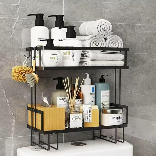 PowerKing Over The Toilet Storage Shelf, 2-Tier Bathroom Organizer, Black | No Drill Installation, Rust Resistant Steel, 2 Hanging Hooks, Toilet Paper Holder, Restroom & Bathroom Space Saver