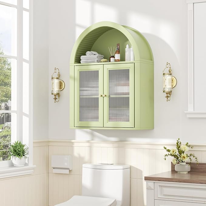 Medicine Cabinet with Arched Top, Bathroom Wall Cabinet Over Toilet with Wave Pattern Tempered Glass Doors and Removable Shelf, Arch Hanging Cabinets for Kitchen, Living Room, Laundry Room, Green