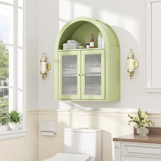 Medicine Cabinet with Arched Top, Bathroom Wall Cabinet Over Toilet with Wave Pattern Tempered Glass Doors and Removable Shelf, Arch Hanging Cabinets for Kitchen, Living Room, Laundry Room, Green