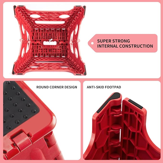 Delxo Folding Step Stool 13 Inch,300 Lbs Step Stool for Adults Red | Foldable Step Stool 13",Non-Slip Foot Stools with Handle,Lightweight Collapsible stools for Kitchen,Bathroom,Bedroom,Garden