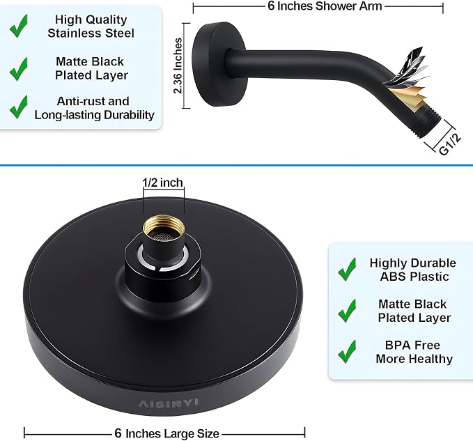 6" Rain Shower Head & 6" Shower Arm, Luxury Matte Black Finish | High Pressure 6 Inch Fixed Showerhead, Adjustable Replacement, 90 Nozzles, Removable Restrictor, Tool-Free Easy to Install