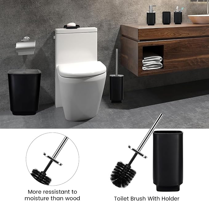 Bathroom Accessory Set 6 Piece Bathroom Accessories Set with Toothbrush Holder&Cup,Soap Dispenser& Dish,Toilet Brush Holder,Trash Can Plastic Gift Set for Bathroom Decorative Countertop (Black