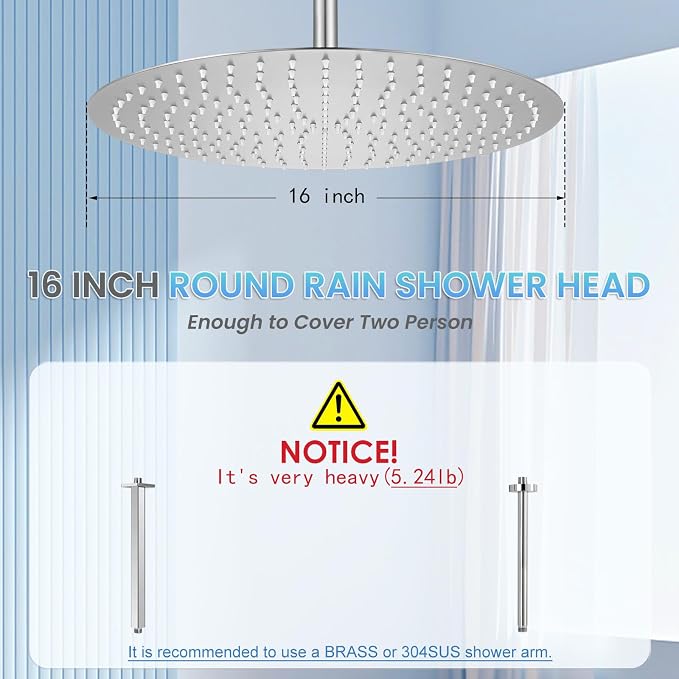 16 inch Ceiling Round Rain Shower Head Brushed Nickel - All Metal Stainless Steel 304, Full Body Round Rainfall Shower with 230 Silicone Nozzles